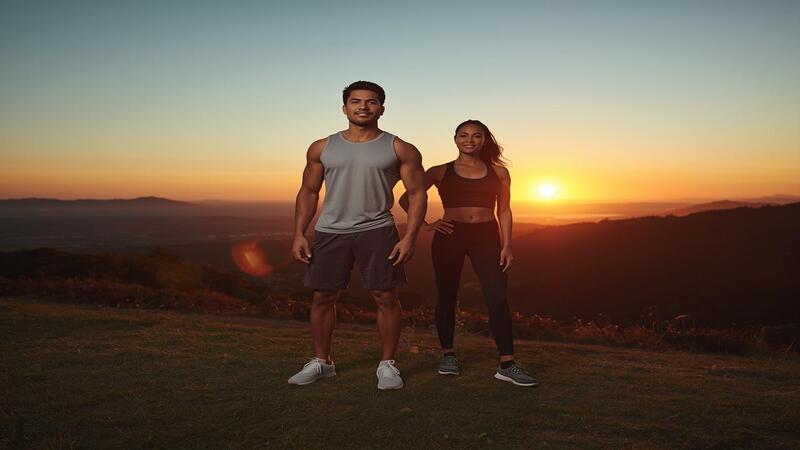 Two people celebrating their fitness journey at sunset, reflecting the conclusion of the fitness and exercise guide.