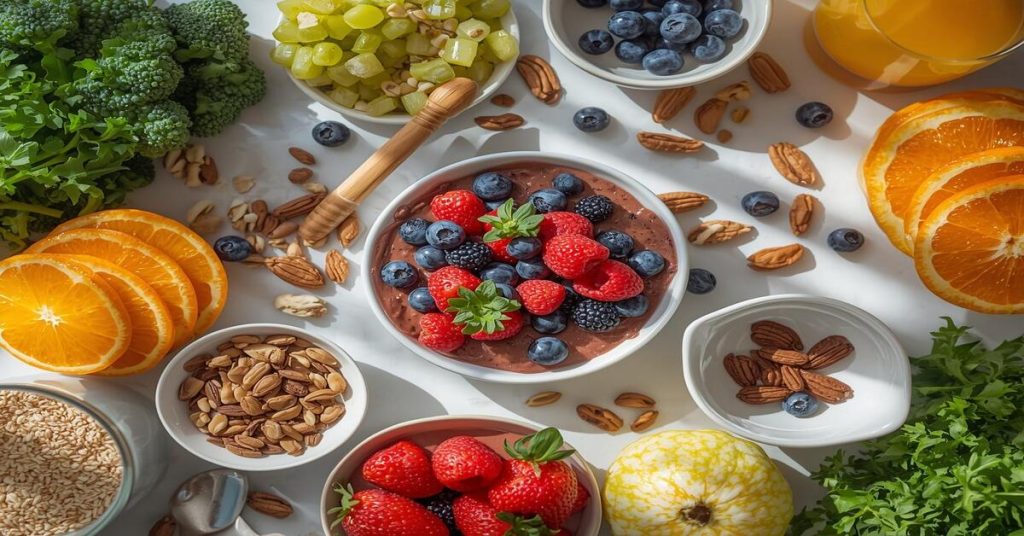 A colorful and vibrant healthy breakfast with fruits, vegetables, nuts, and whole grains representing Healthy Eating Habits for energy and wellness