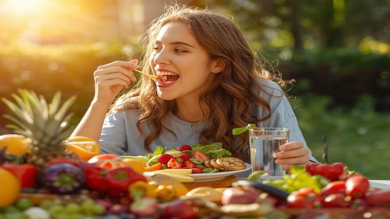 A person enjoying a fresh healthy meal outdoors, representing Healthy Eating Habits, energy, and overall wellness