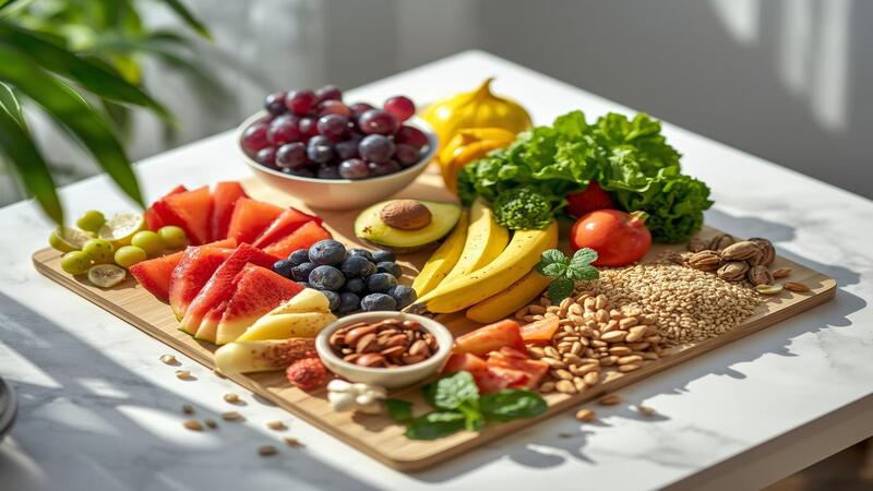 A colorful and inviting healthy meal representing Healthy Eating Habits, boosting energy and wellness