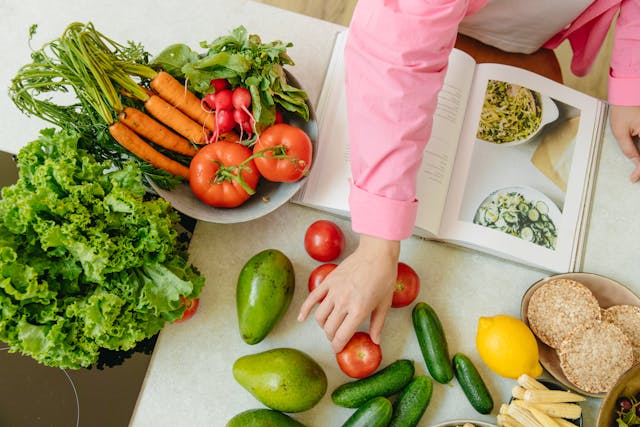Balanced nutrition for daily wellness with healthy food plate including fruits, vegetables, grains, and proteins
