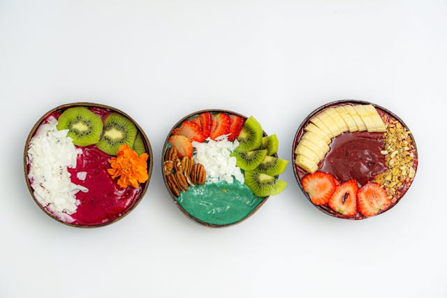 Colorful display of nutrients found in balanced plant-based snacks for mid-day energy like legumes, seeds, and grains.