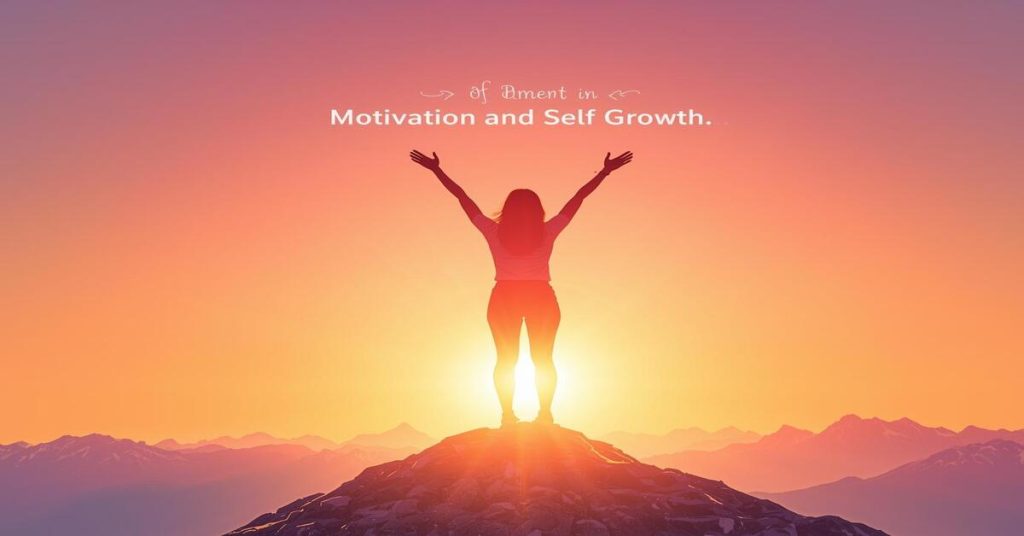 Illustration of a person on a mountain top at sunrise, symbolizing Motivation and Self-Growth, personal development, and achievement.