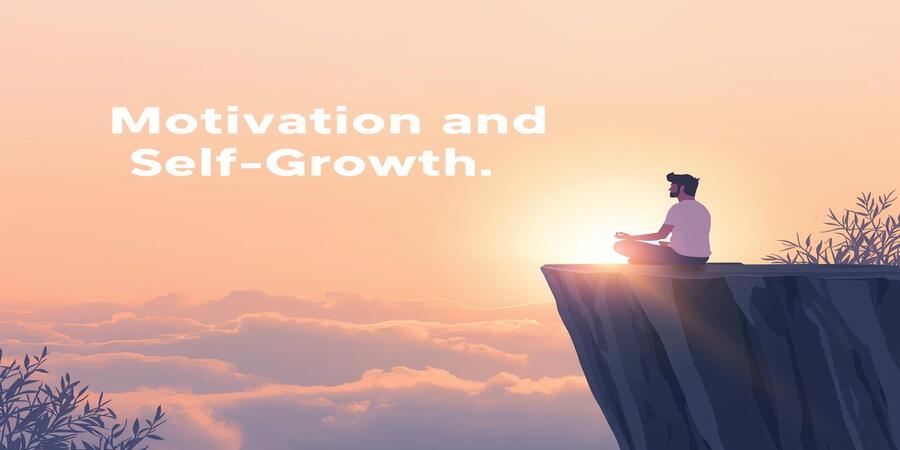 Illustration of a person meditating on a cliff at sunrise, symbolizing reflection, personal development, and Motivation and Self-Growth.