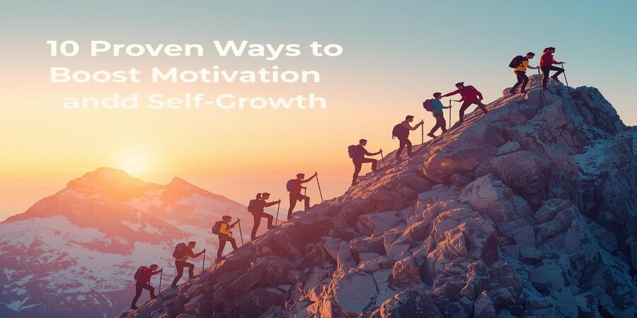 Illustration of people climbing a mountain at sunrise, symbolizing teamwork, motivation, and Motivation and Self-Growth.