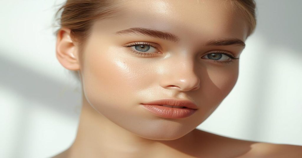 Young woman with natural glowing skin and fresh radiant face after healthy skincare routine