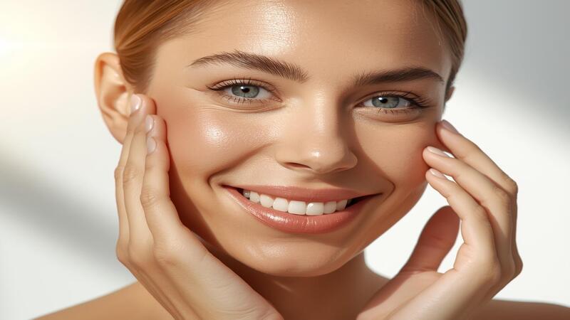 Woman with natural glowing skin smiling in soft morning light during skincare routine