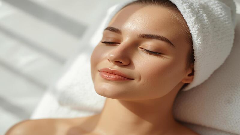 Relaxed woman with natural glowing skin enjoying a peaceful self care moment