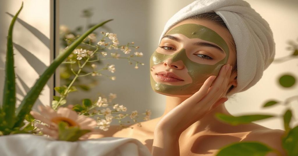 Woman practicing a natural skin care routine with herbal face mask for glowing, healthy skin 🌸