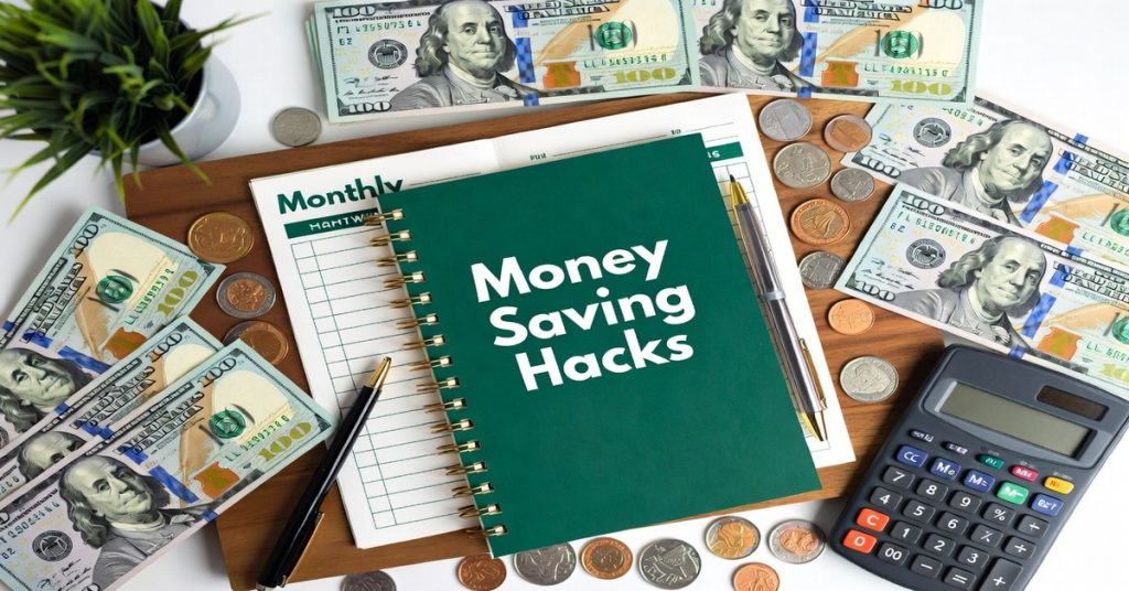 7 Proven Money Saving Hacks to Slash Your Monthly Budget with coins, calculator, and budget planner
