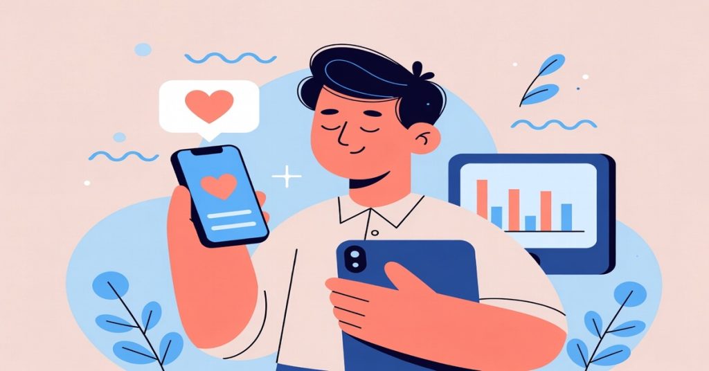 Illustration showing mental health support apps helping a person practice mindfulness, meditation, and emotional wellbeing.