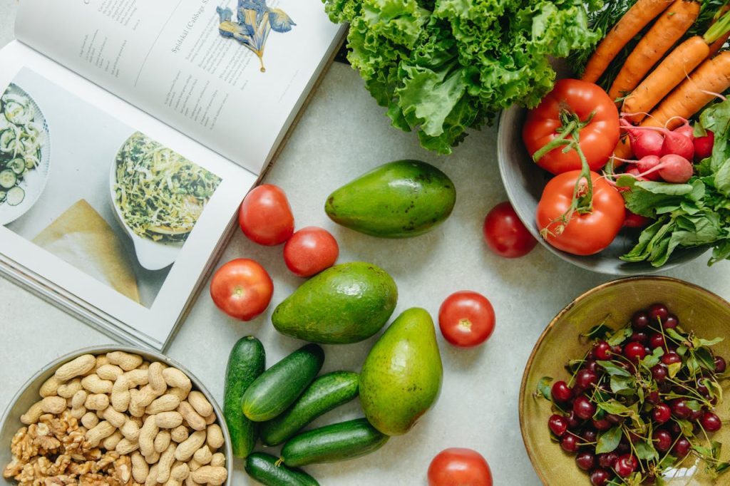 Colorful healthy food flatlay illustrating science-based nutrition tips