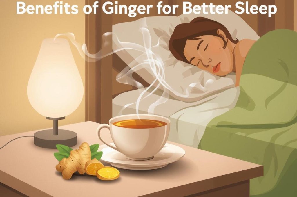 Cup of ginger tea on a bedside table with cozy bedroom ambiance, representing the Benefits of Ginger for Better Sleep.