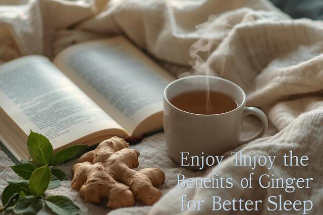 Steaming cup of ginger tea on a bedside table with cozy evening ambiance, symbolizing the Benefits of Ginger for Better Sleep.
