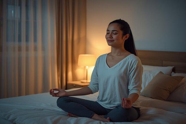 emphasizing the connections between sleep and emotional balance with restful meditation and calm environment