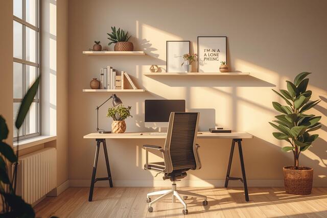 Final thoughts on home office setup hacks showing a stylish small office with desk, ergonomic chair, floating shelves, and plants for a productive and inspiring space.
