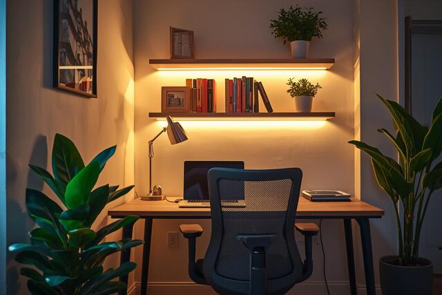 Home office setup hacks for small spaces featuring a compact desk, ergonomic chair, floating shelves, and smart lighting in a bright and productive corner.
