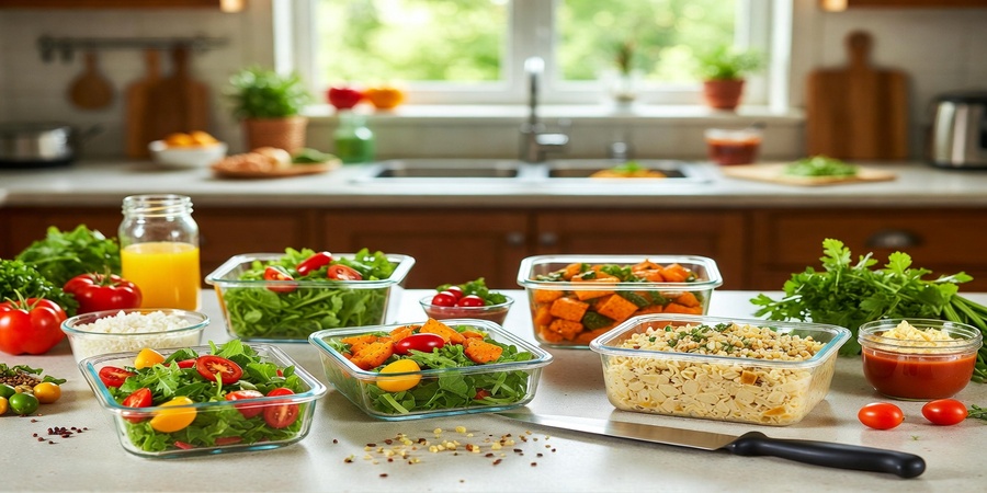 Cozy kitchen setup with colorful organized meal prep containers and healthy meals, illustrating stress-free meal prep hacks for a happy week.
