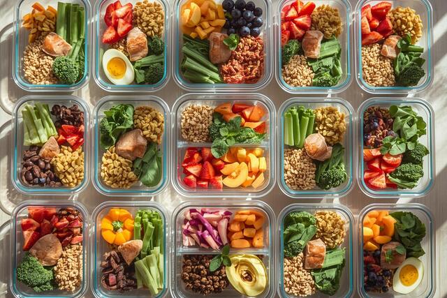 18 meal prep hacks with colorful containers of healthy balanced meals

