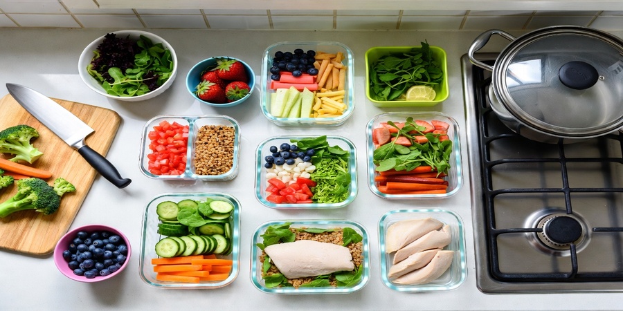 A colorful kitchen setup showing organized meal prep containers and healthy foods as part of meal prep hacks for a busy week.