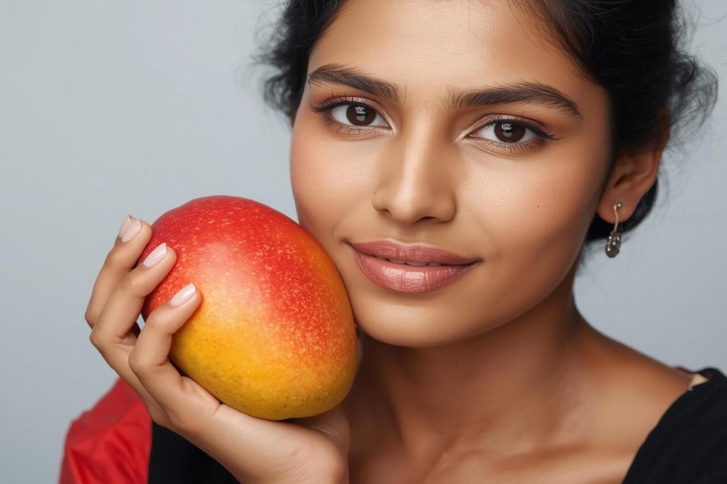 health benefits of mango 🥭 showing fresh ripe mango with vitamins and tropical background
