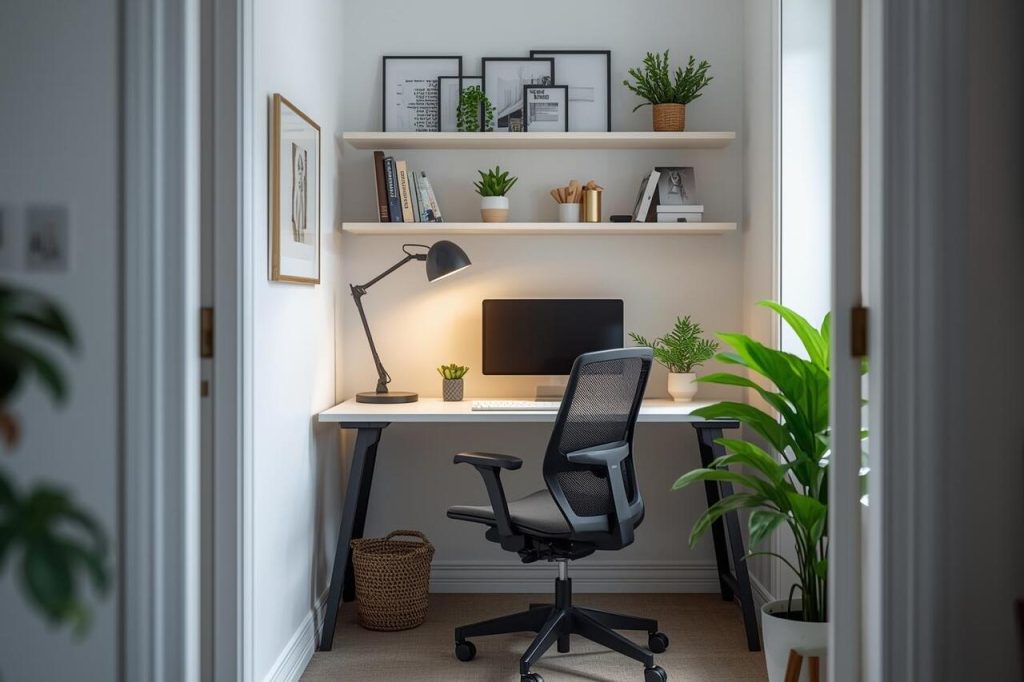 Top 16 home office setup hacks for small spaces featuring a compact desk, ergonomic chair, floating shelves, and smart lighting in a cozy, productive corner.