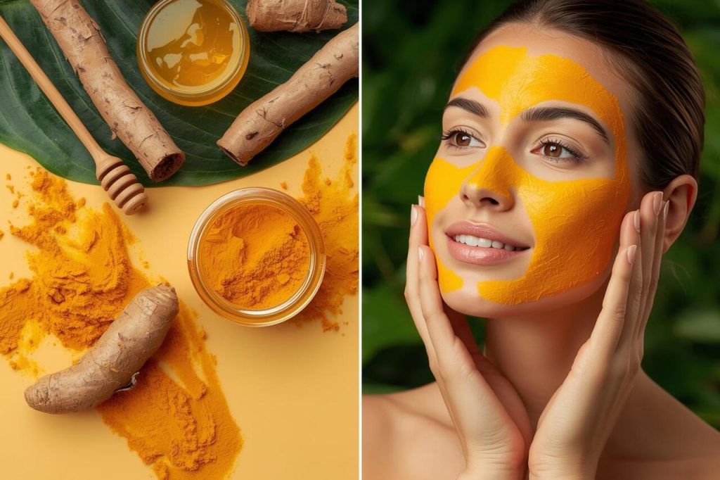 Turmeric for Skin Care: Natural turmeric mask with fresh roots and honey for glowing, healthy skin