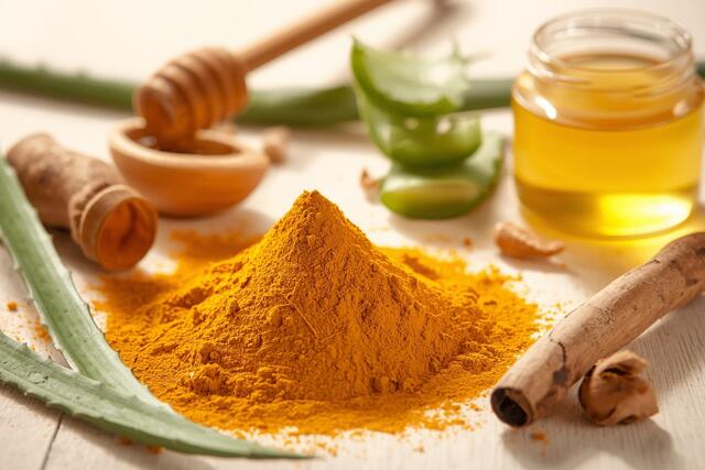 Natural skincare routine with turmeric for skin care, aloe vera, and honey for glowing, healthy skin
