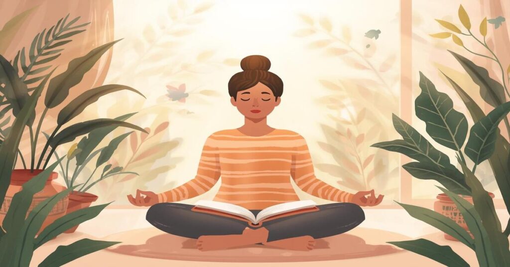 Illustration representing a 30-Day Emotional Self-Care Plan with meditation, journaling, and peaceful nature surroundings for inner peace and happiness.