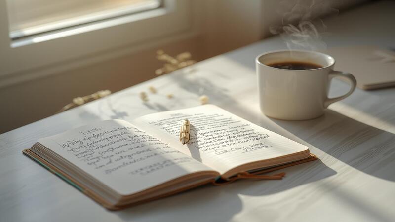 Workspace setup with notebook and coffee, reflecting mental habits for success, focused on goal setting, reflection, and productivity in a calm environment.
