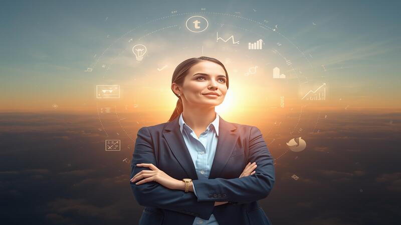 Focused young professional representing mental habits for success, standing confidently with goal charts and motivational icons, symbolizing clarity and determination.
