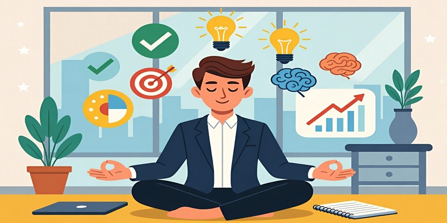 "7 mental habits for success that keep you focused on your goals, illustration of a confident professional planning and staying motivated"