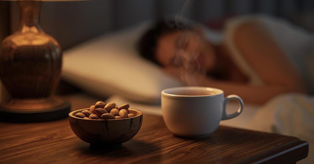Top benefits of almonds for better sleep 🌙 - bowl of almonds on bedside table promoting restful sleep and mental wellness