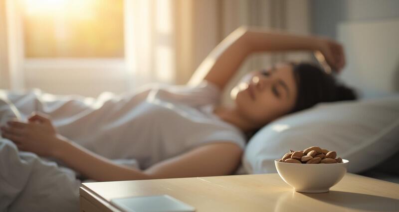 Benefits of almonds for sleep 🌙 - peaceful morning after restorative sleep with almonds promoting mental wellness 