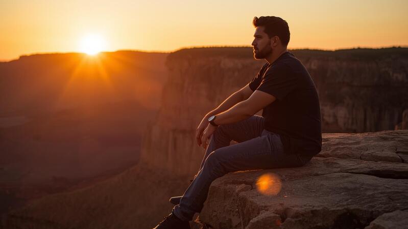 Reflective Sigma male sitting on a cliff at sunrise, symbolizing Attitude and Badass Personality Sigma Rules for motivation and mindset. 