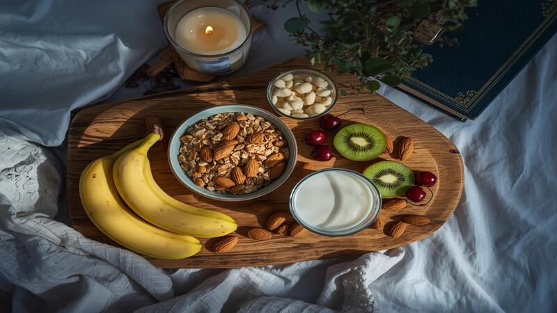 Top-down view of best foods for better sleep including bananas, almonds, cherries, oatmeal, and milk in a cozy nighttime setting.
