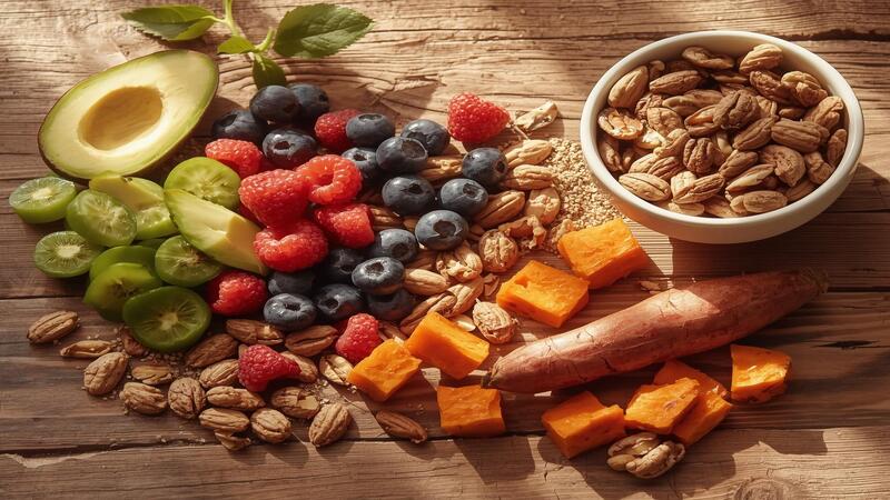 Best foods for glowing skin including avocado, berries, nuts, and sweet potatoes for radiant and healthy skin.
