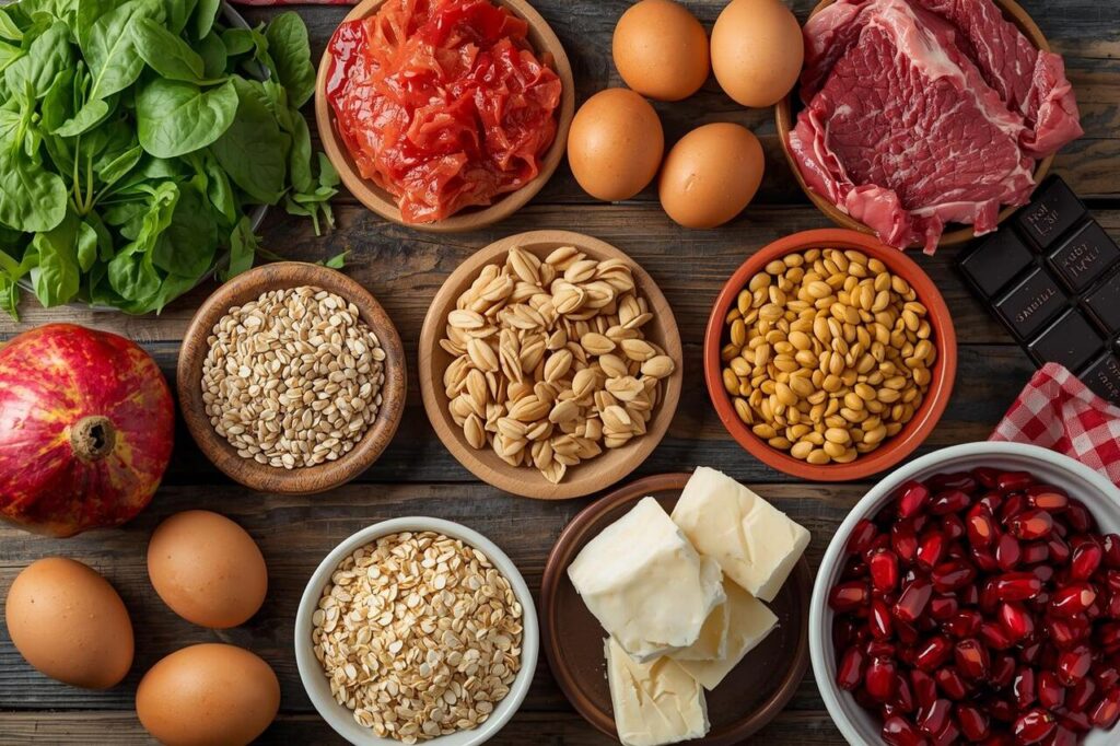 A healthy flat-lay of the top 10 best foods to fight anemia including spinach, red meat, lentils, eggs, pumpkin seeds, tofu, oats, dark chocolate, pomegranates, and fish.