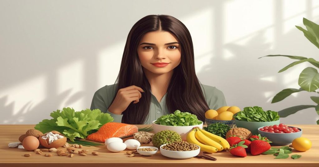 Healthy young woman with long shiny hair enjoying nutritious foods for Best Foods to Prevent Hair Fall including nuts, salmon, eggs, leafy greens, and fruits.