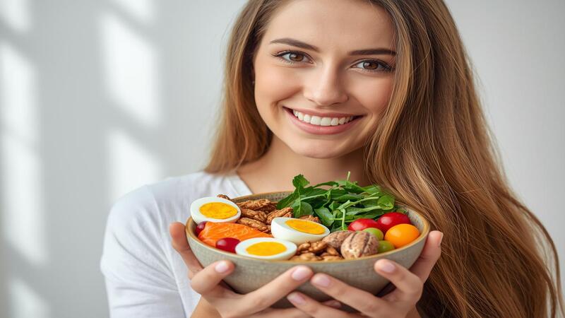 Healthy young woman with long shiny hair holding nutritious foods for Best Foods to Prevent Hair Fall promoting strong and healthy hair.
