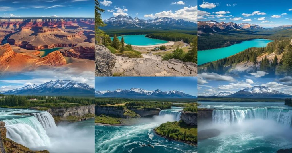 Top 10 Best Places to Visit in North America 🌎 showcasing Grand Canyon, Banff, Tulum, Niagara Falls, and Alaska wilderness for travel inspiration.