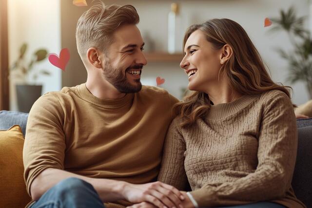 Couple practicing communication hacks for relationships, smiling and connecting emotionally ❤️
