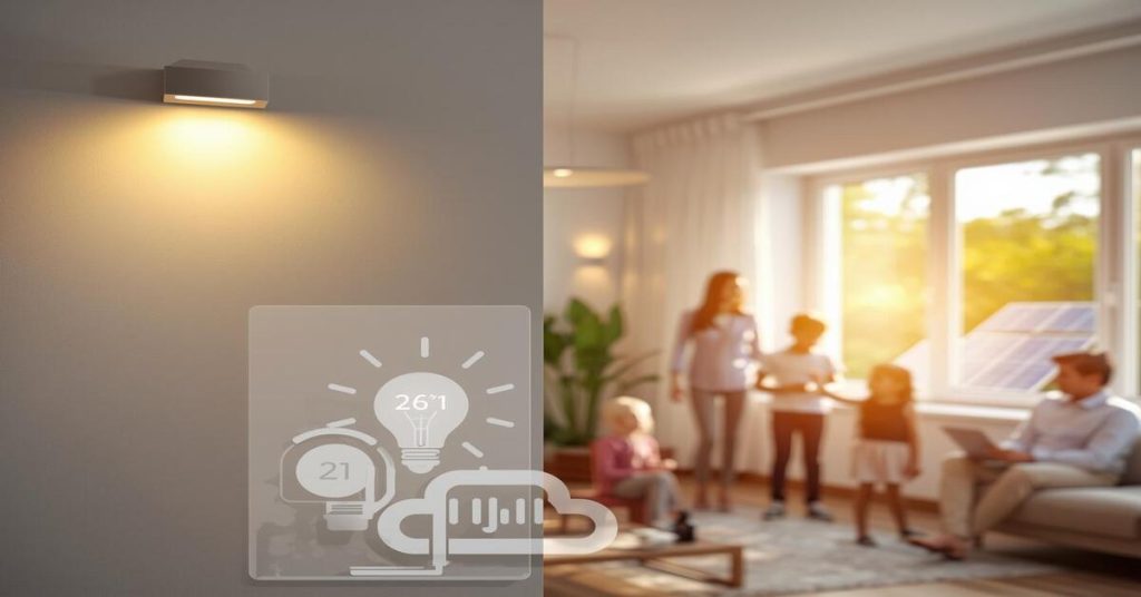 Feature image showing energy-efficient home with LED lights, smart thermostat, solar panels, and reflective window films, illustrating electricity bill saving tips.