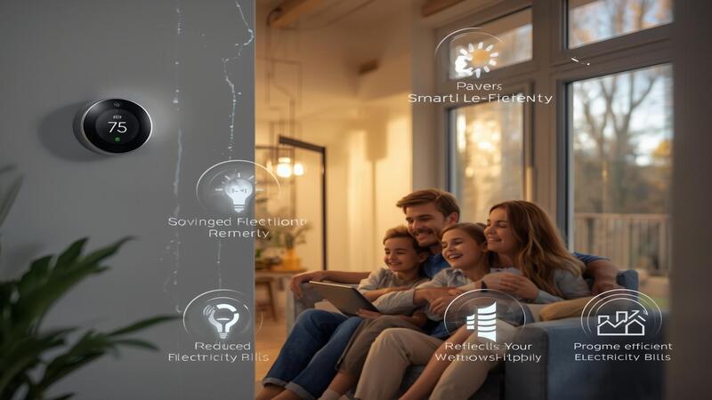 Eco-friendly home with family using energy-efficient appliances, solar panels, and LED lights, representing electricity bill saving tips.
