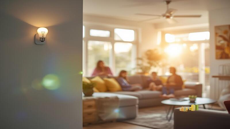 Bright and modern living room showing a family using energy-efficient appliances and sunlight, illustrating electricity bill saving tips.
