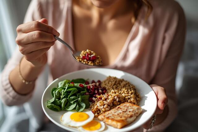 A person enjoying a healthy meal with the best foods to fight anemia, including spinach, lentils, eggs, fish, and pomegranate juice, promoting energy and wellness.
