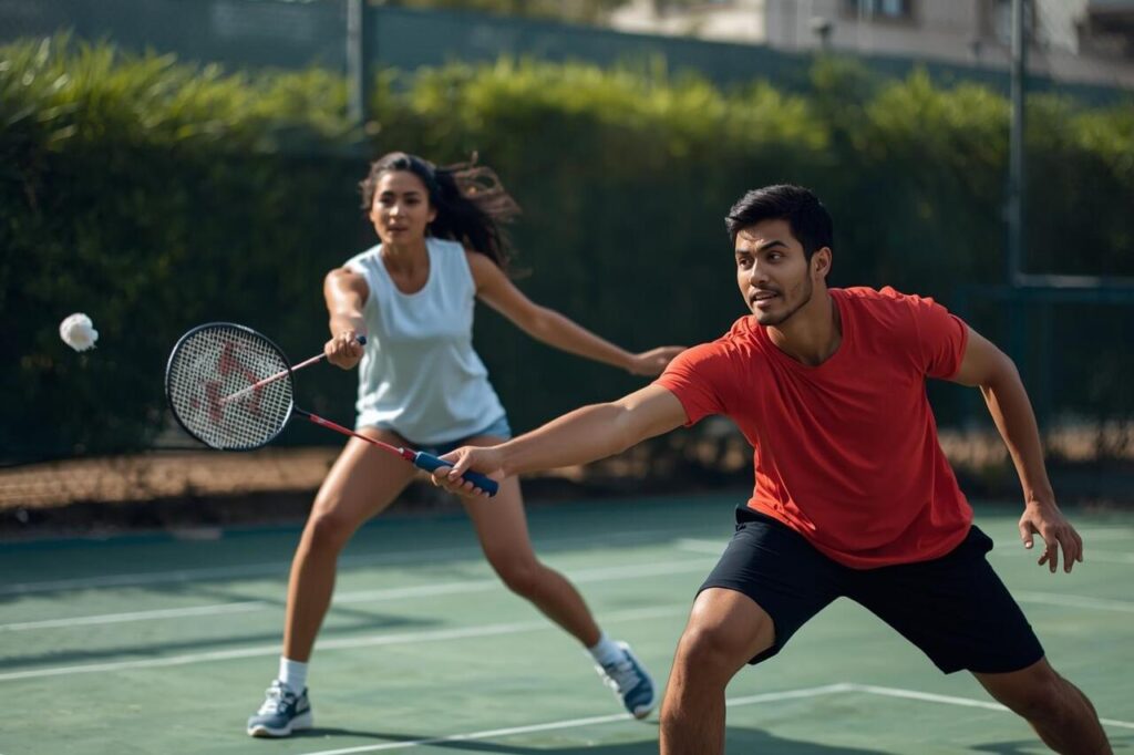 Young Indian man and woman playing badminton on an outdoor court, showcasing the fitness benefits of playing badminton for health, strength, and stamina.