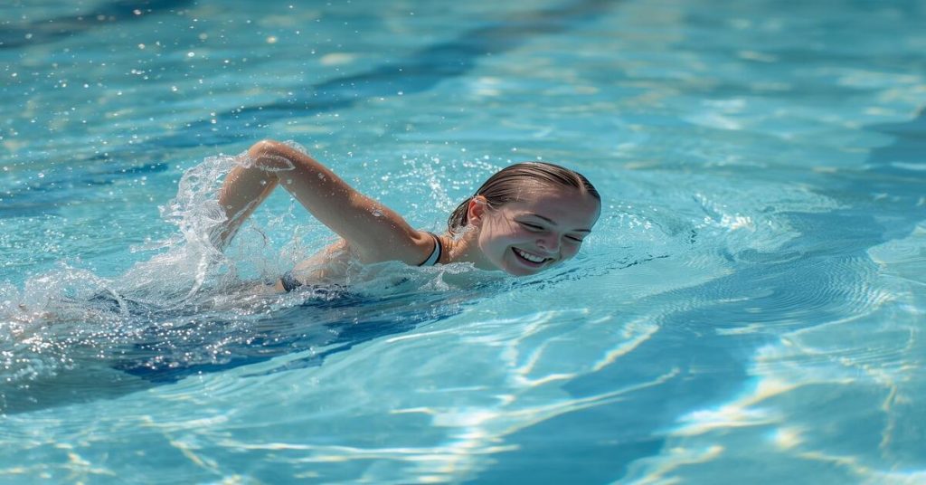 Fitness Benefits of Swimming: Healthy young woman swimming in a pool, demonstrating strength, flexibility, and wellness.