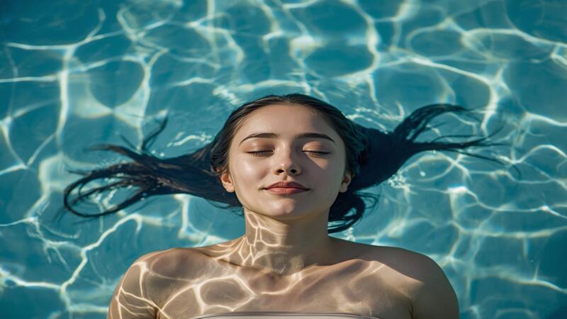 Fitness Benefits of Swimming: Young woman floating peacefully in a pool, symbolizing relaxation, mindfulness, and wellness.

