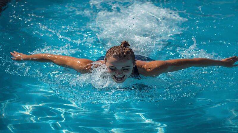Fitness Benefits of Swimming: Young woman swimming in a pool, showcasing strength, fitness, and healthy lifestyle.
